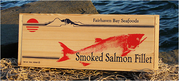 wild smoked salmon packaged in great wooden box.